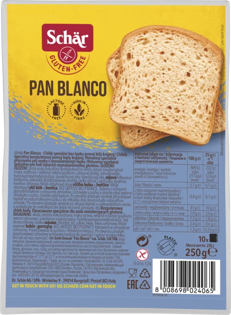 Schär Pan Blanco Gluténmentes szeletelt fehérkenyér 250g